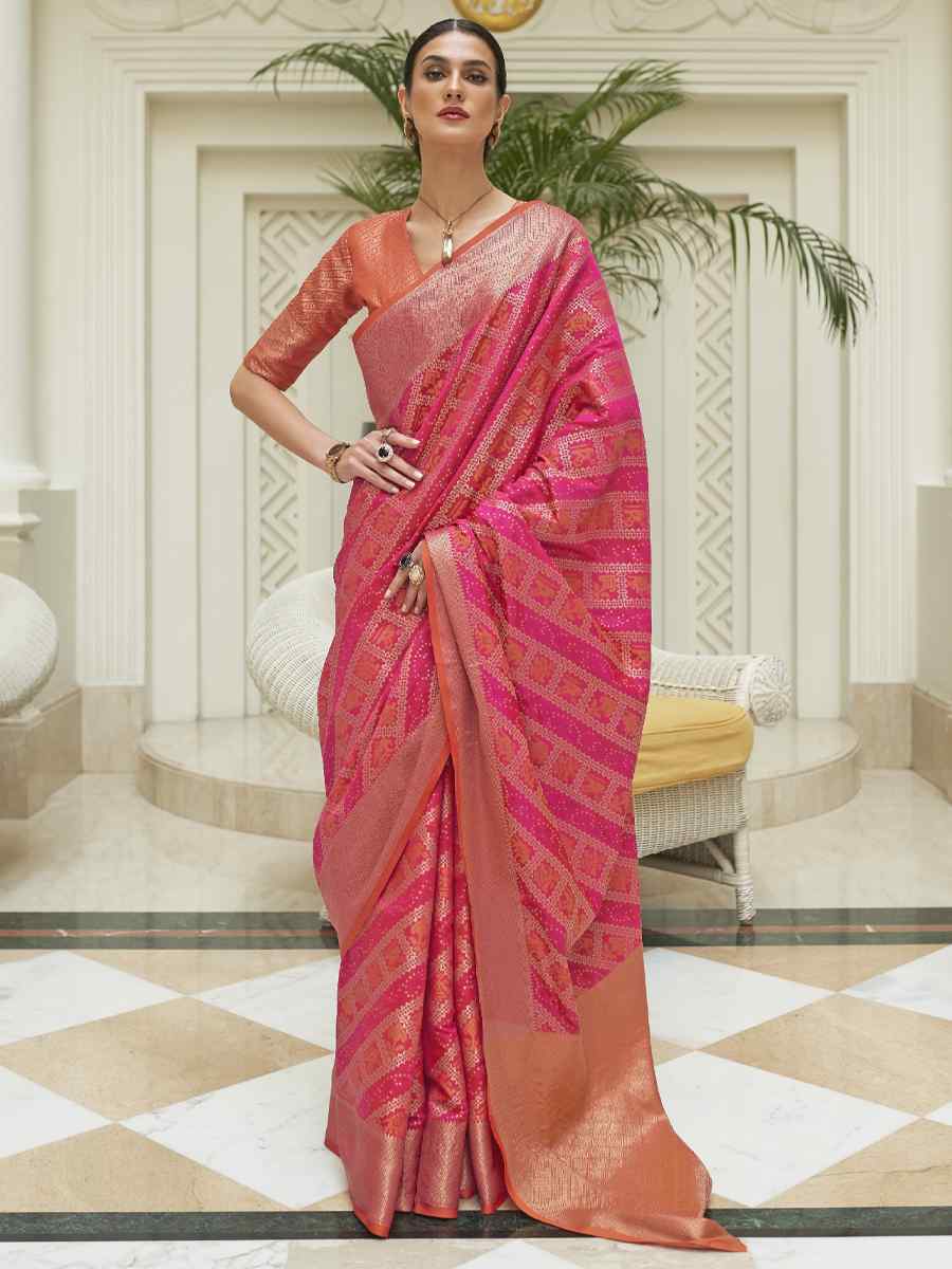 Pink Patola Silk Handwoven Wedding Festival Heavy Border Saree