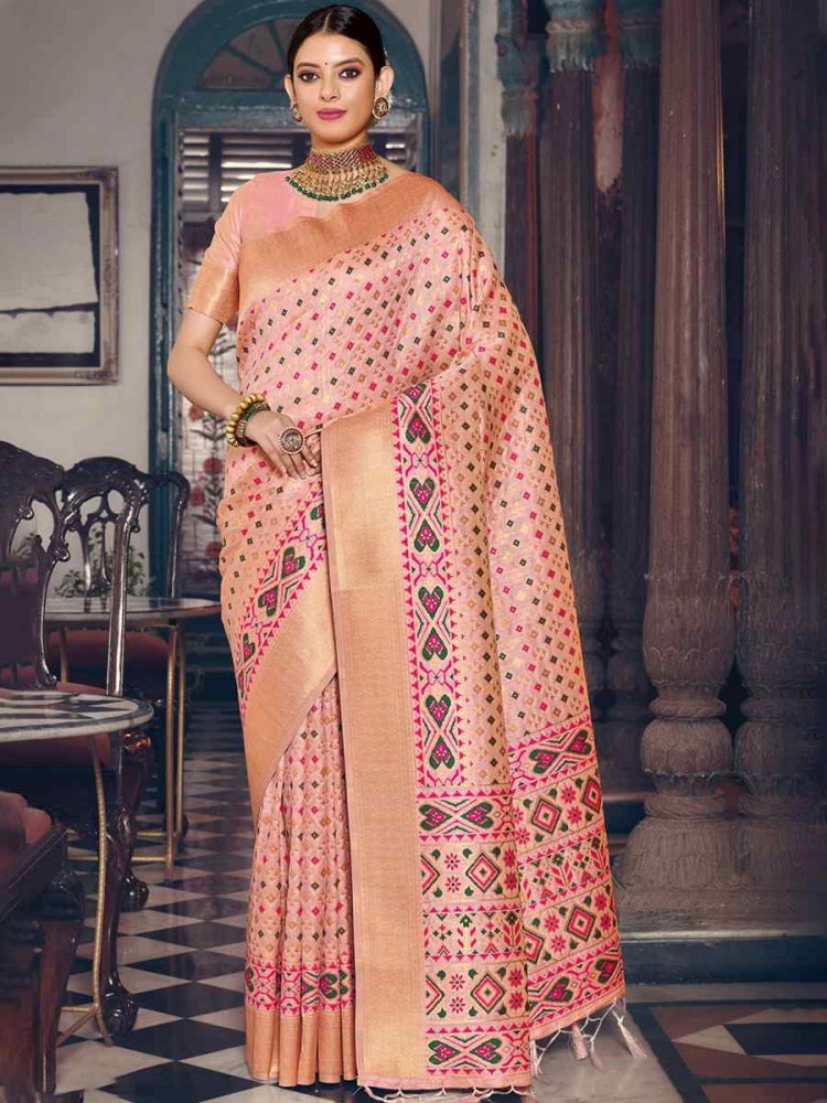 Pink Patola Silk Handwoven Wedding Festival Heavy Border Saree