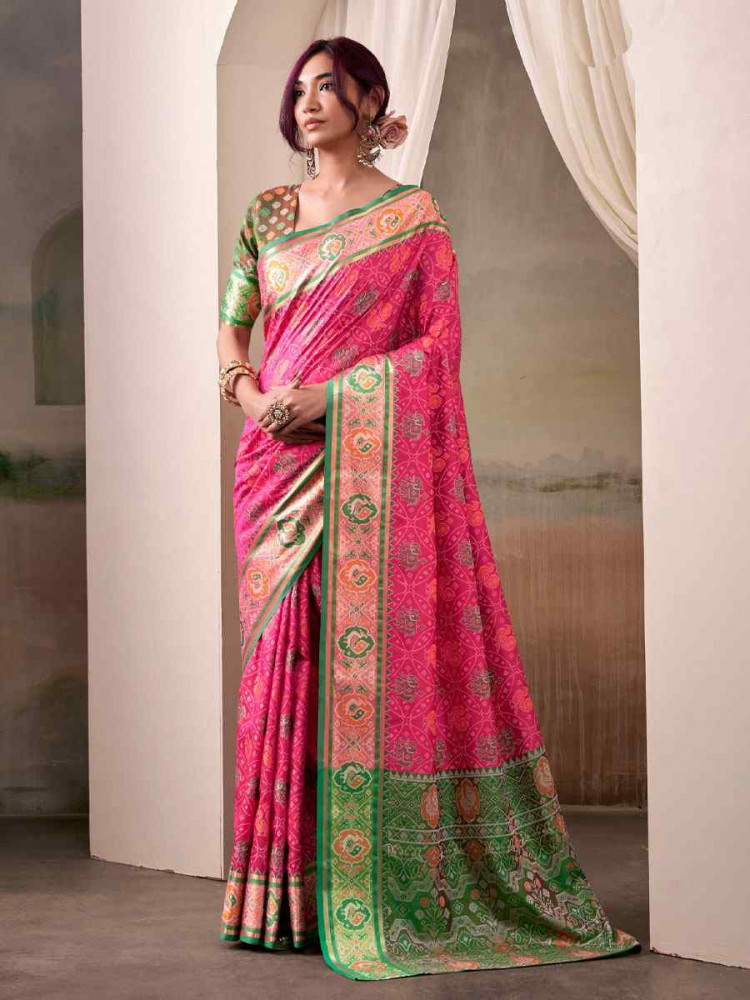 Image of Pink Patola Silk Handwoven Zari Bridal Reception Festival Wedding Fancy Heavy Border Saree