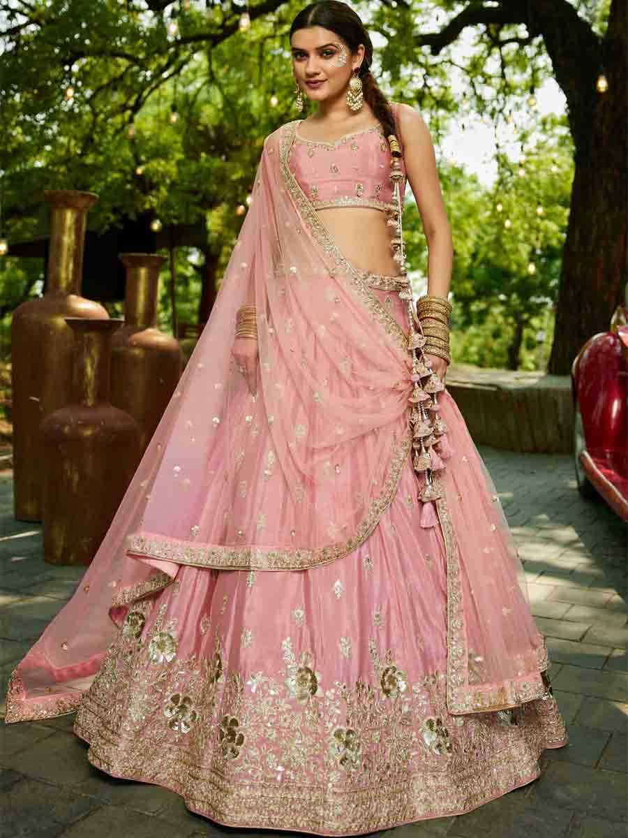 Pink Poly Chiffon Embroidered Reception Wedding Heavy Border Lehenga Choli