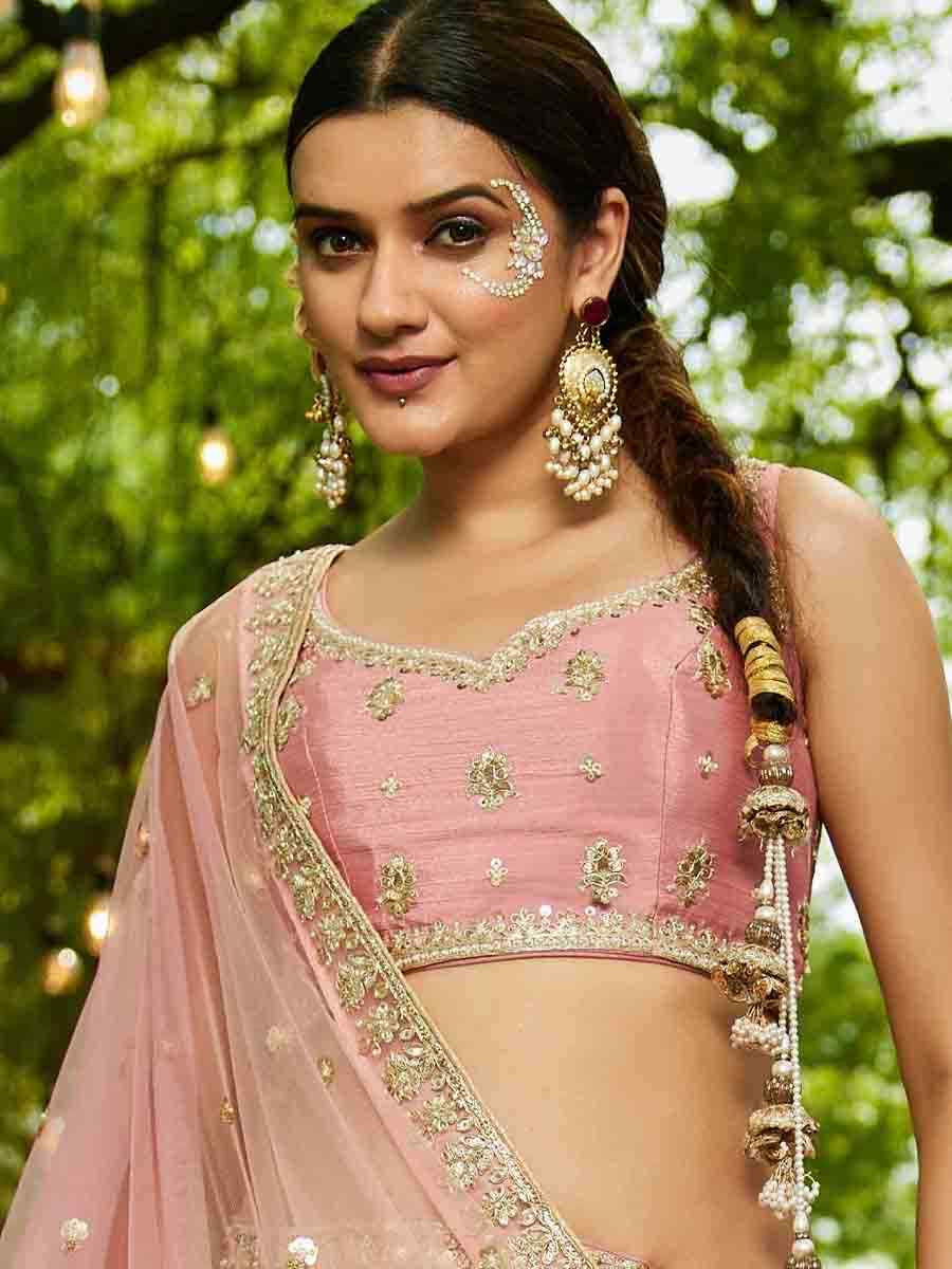 Pink Poly Chiffon Embroidered Reception Wedding Heavy Border Lehenga Choli