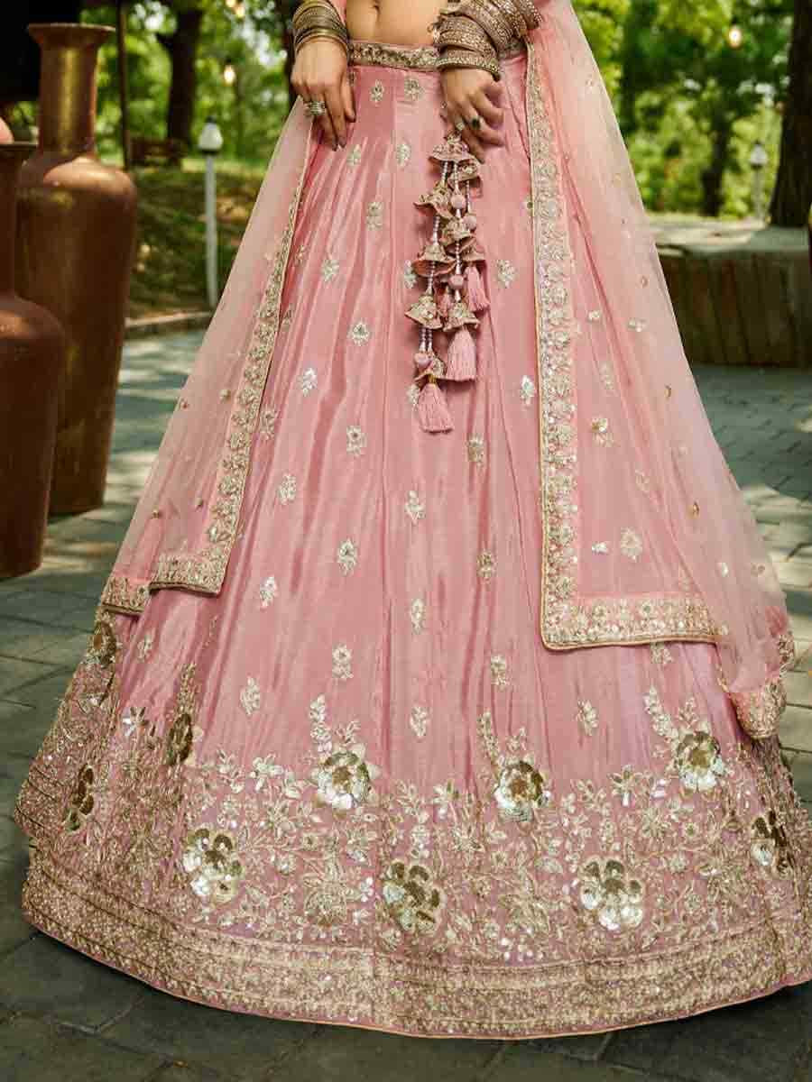 Pink Poly Chiffon Embroidered Reception Wedding Heavy Border Lehenga Choli