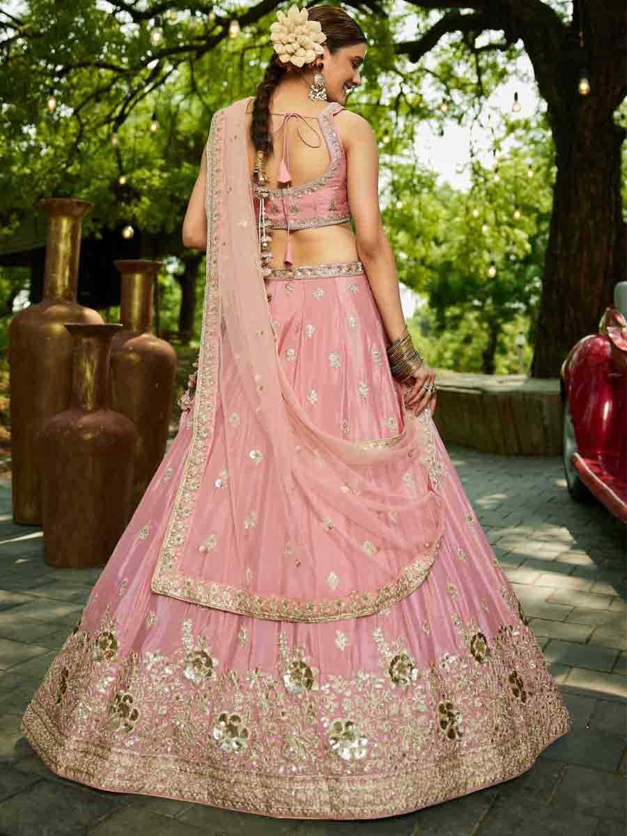 Pink Poly Chiffon Embroidered Reception Wedding Heavy Border Lehenga Choli