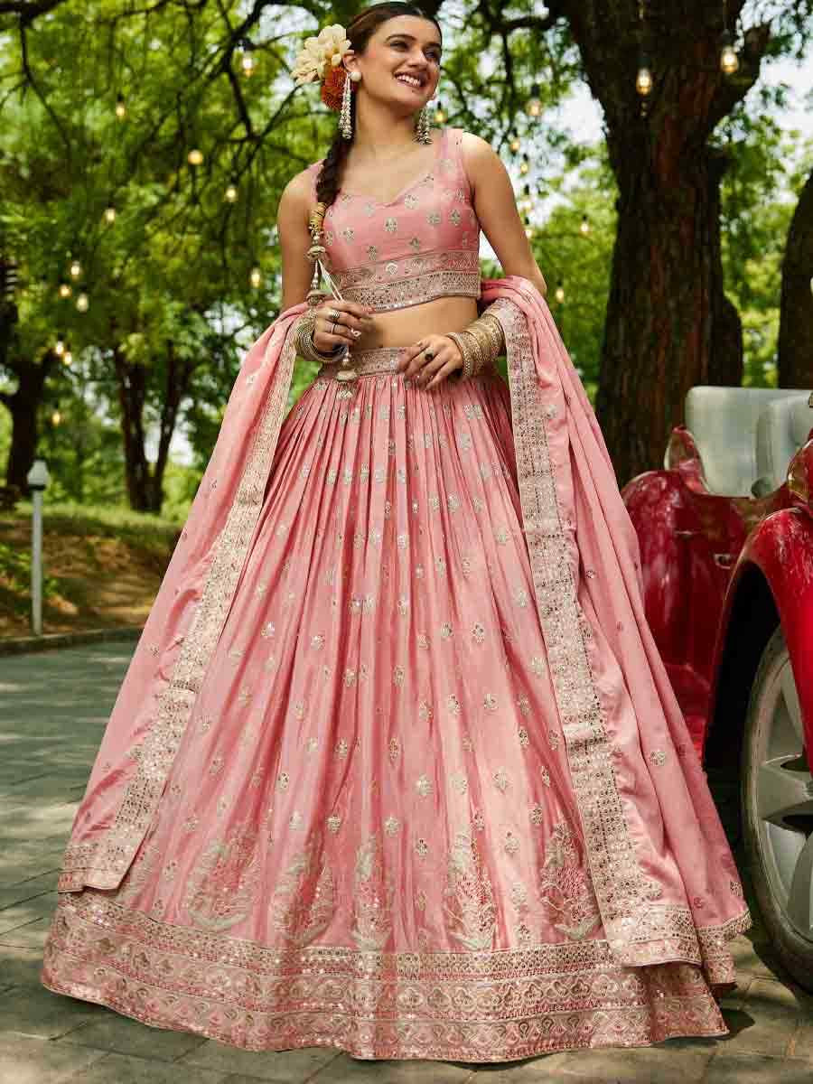 Pink Poly Chiffon Embroidered Reception Wedding Heavy Border Lehenga Choli