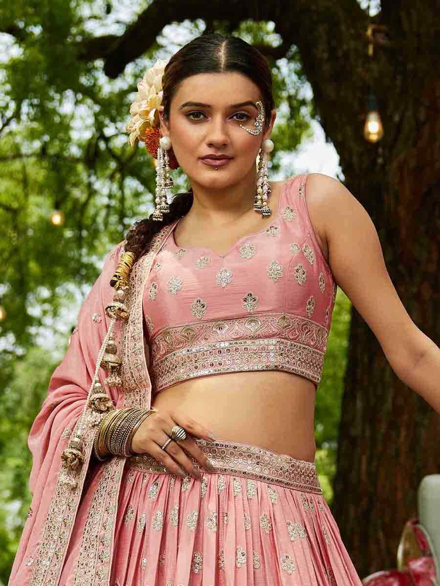Pink Poly Chiffon Embroidered Reception Wedding Heavy Border Lehenga Choli