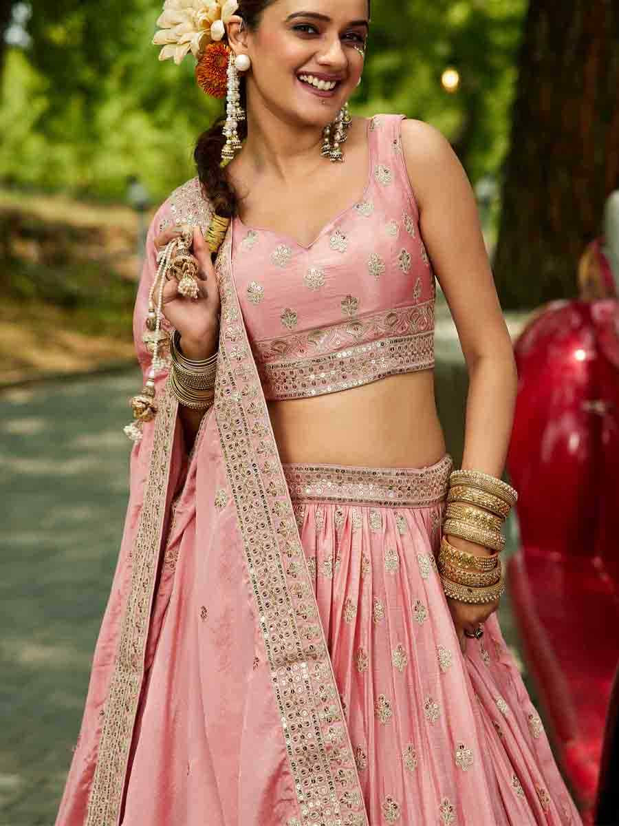 Pink Poly Chiffon Embroidered Reception Wedding Heavy Border Lehenga Choli