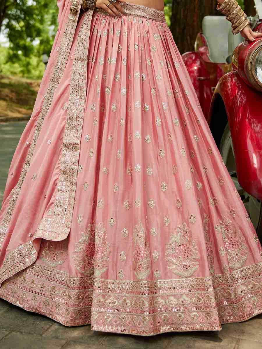 Pink Poly Chiffon Embroidered Reception Wedding Heavy Border Lehenga Choli
