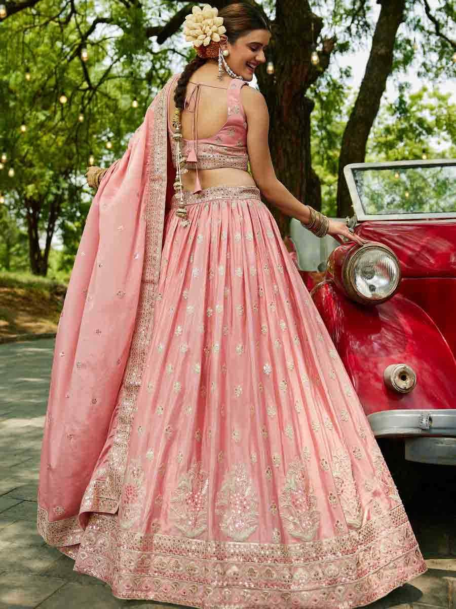 Pink Poly Chiffon Embroidered Reception Wedding Heavy Border Lehenga Choli