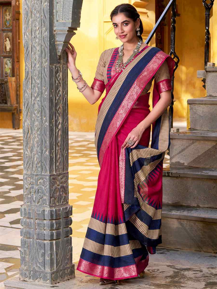 Pink Poly Cotton Handwoven Casual Festival Party Classic Style Sarees