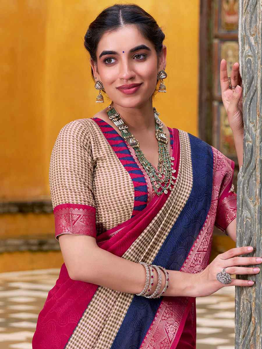 Pink Poly Cotton Handwoven Casual Festival Party Classic Style Sarees