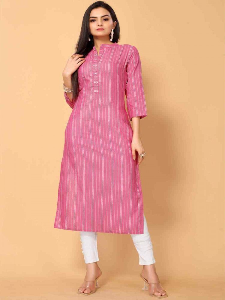 Pink Poly Cotton Printed Festival Casual Kurti