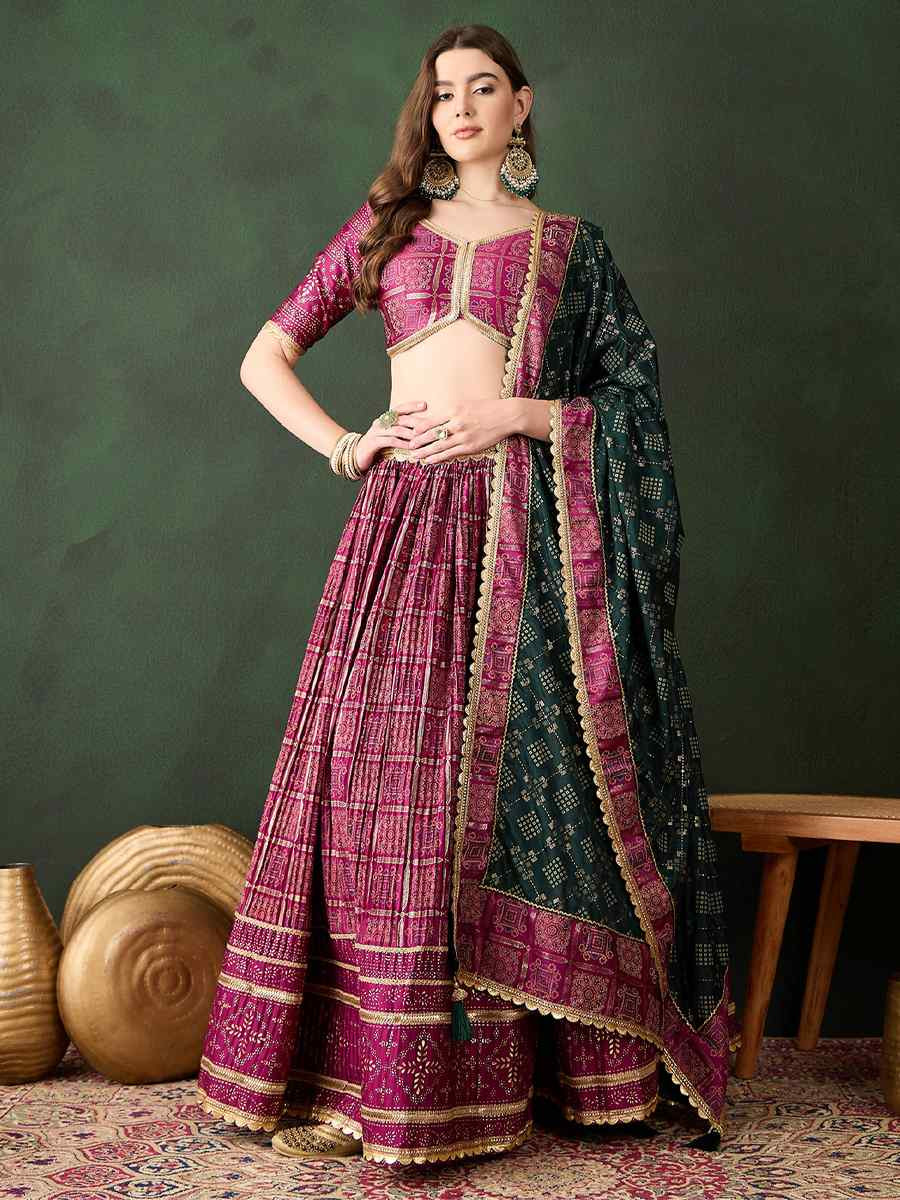 Pink Poly Satin Printed Festival Mehendi Circular Lehenga Choli