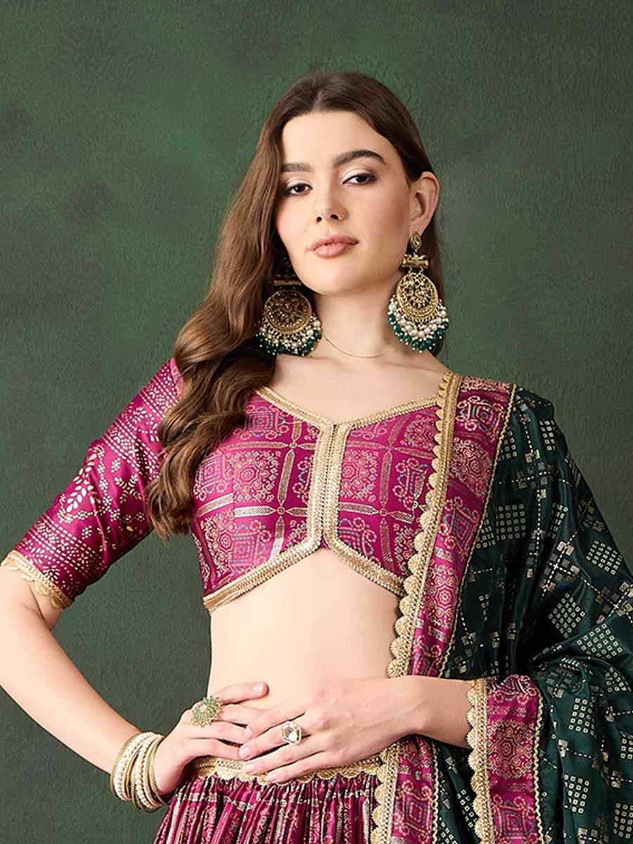 Pink Poly Satin Printed Festival Mehendi Circular Lehenga Choli