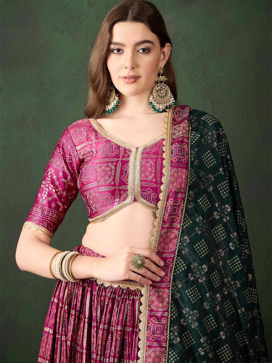 Pink Poly Satin Printed Festival Mehendi Circular Lehenga Choli