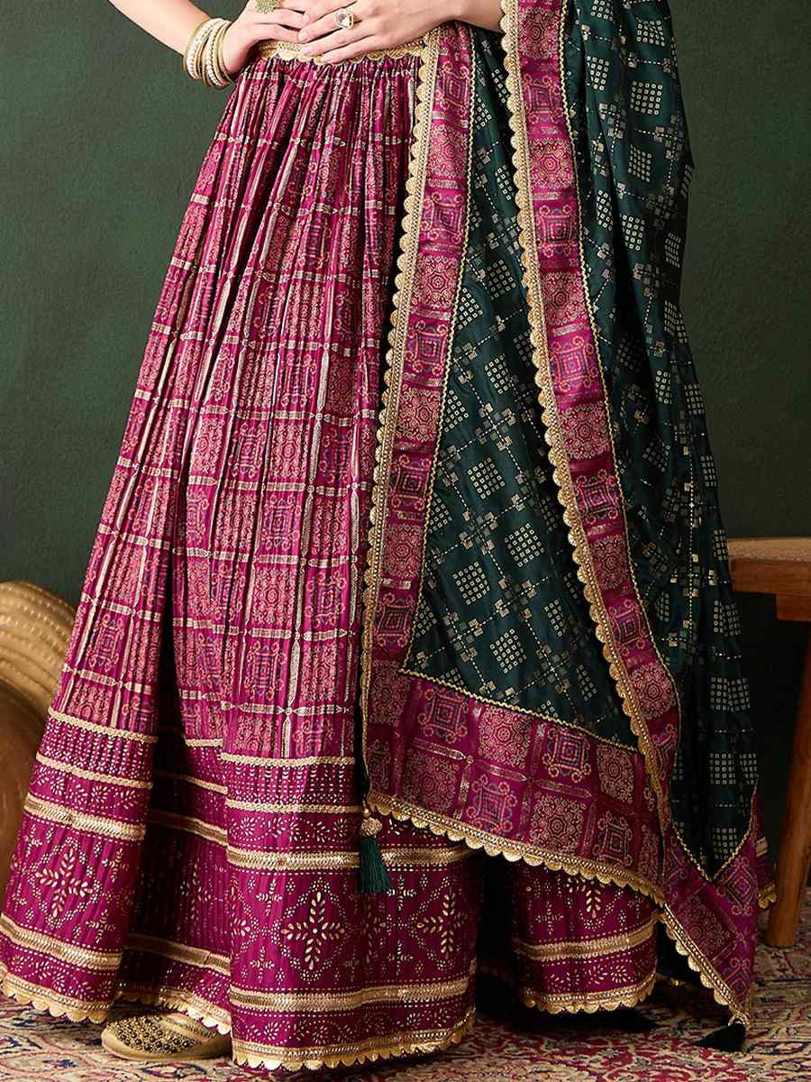 Pink Poly Satin Printed Festival Mehendi Circular Lehenga Choli