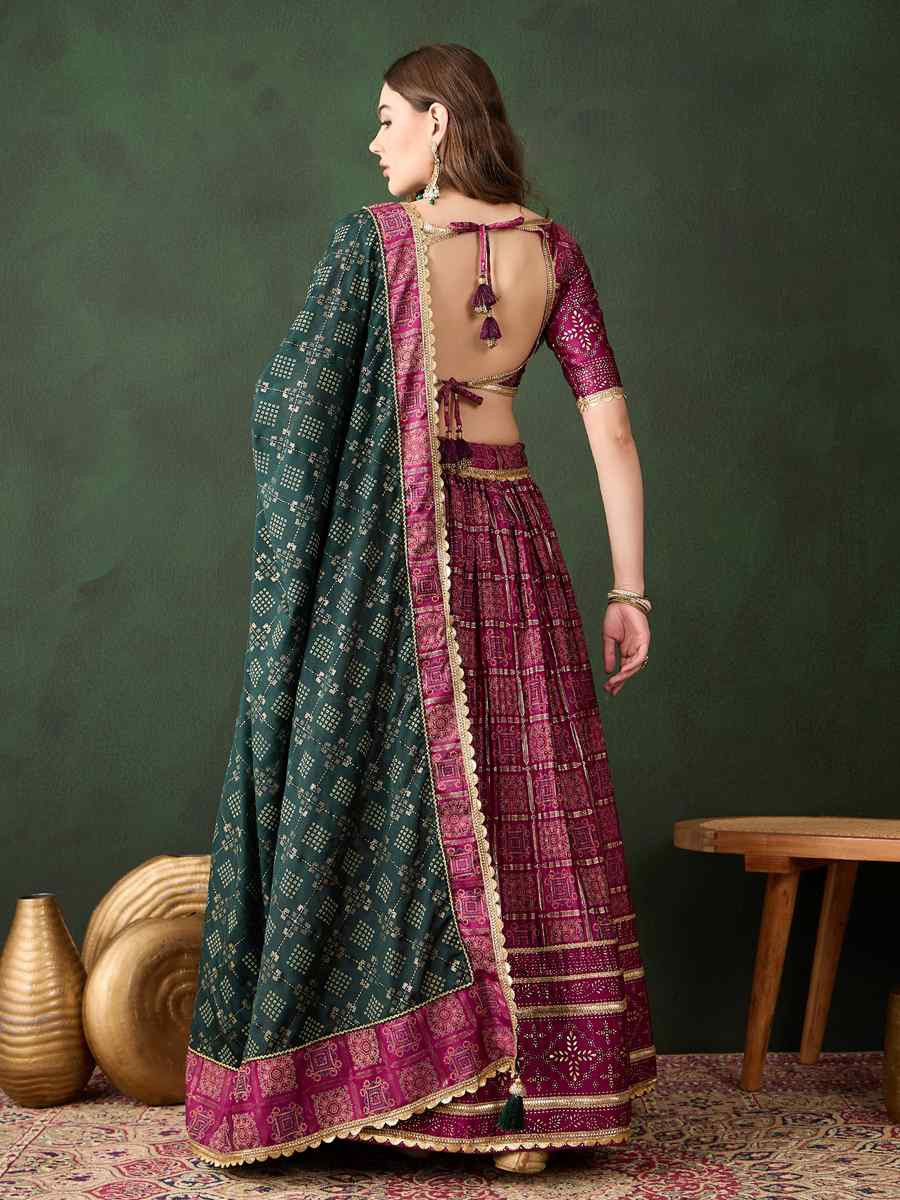Pink Poly Satin Printed Festival Mehendi Circular Lehenga Choli