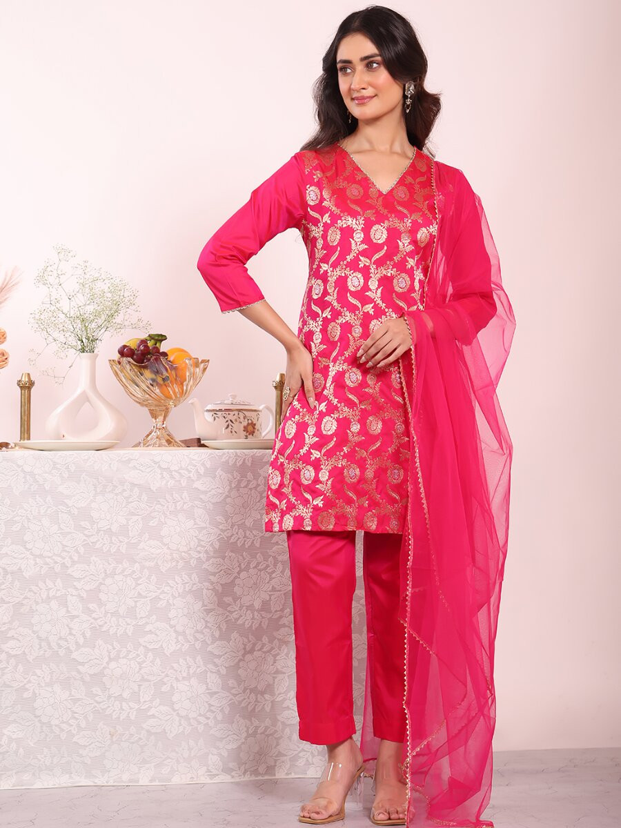 Pink Poly Silk Embroidery Wedding Party Festival Casual Ready Pant Salwar Kameez