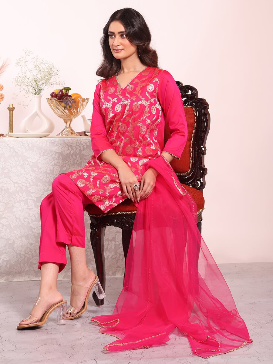 Pink Poly Silk Embroidery Wedding Party Festival Casual Ready Pant Salwar Kameez