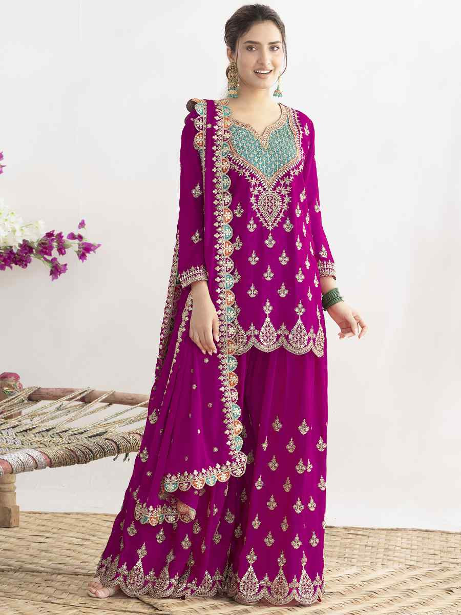 Pink Premium Finest Chinon Embroidery Party Wedding Festival Casual Ready Palazzo Pant Salwar Kameez