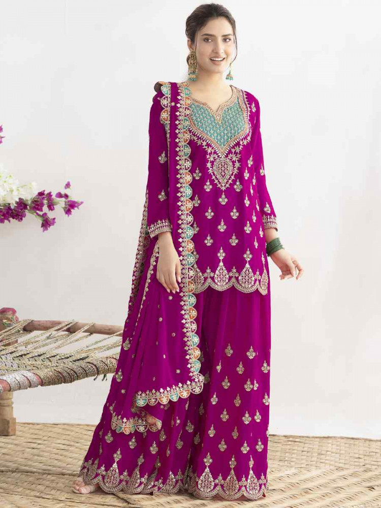 Image of Pink Premium &amp; Finest Chinon Embroidery Party Wedding Festival Casual Ready Palazzo Pant Salwar Kameez