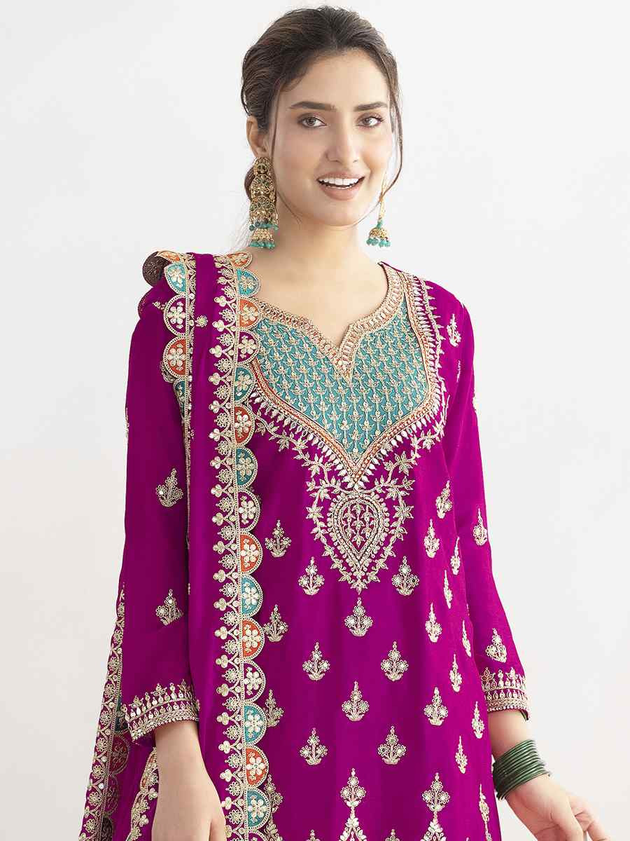 Pink Premium Finest Chinon Embroidery Party Wedding Festival Casual Ready Palazzo Pant Salwar Kameez