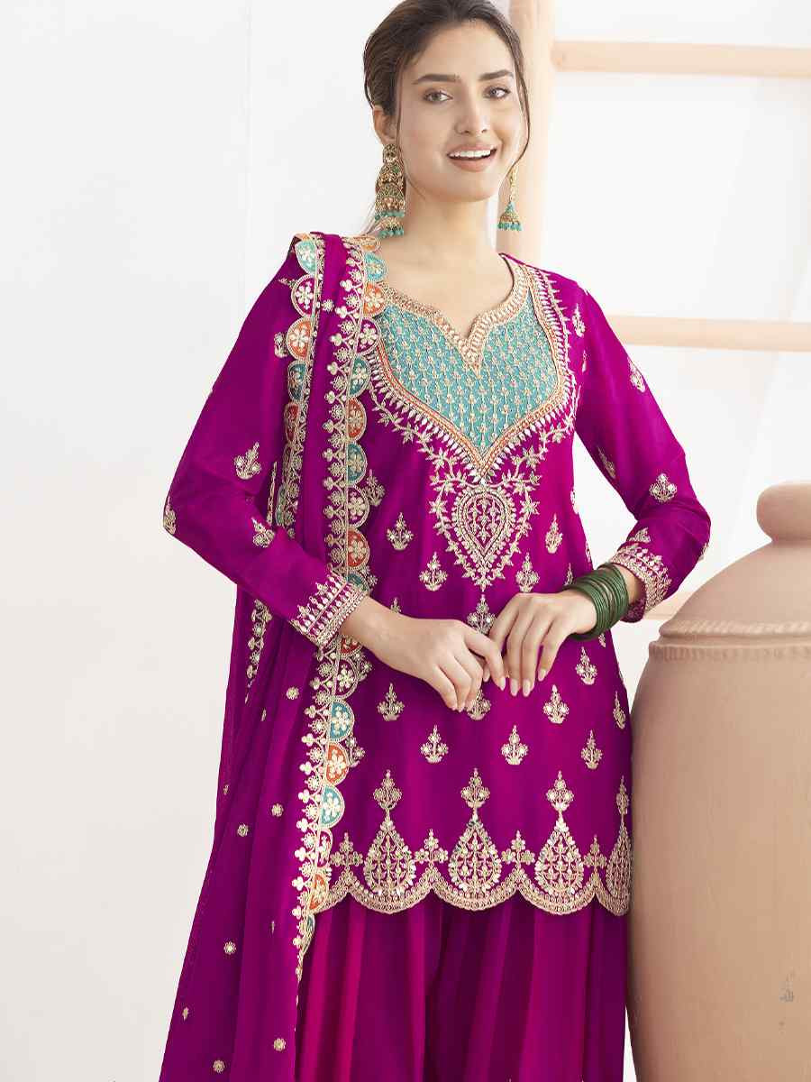 Pink Premium Finest Chinon Embroidery Party Wedding Festival Casual Ready Palazzo Pant Salwar Kameez