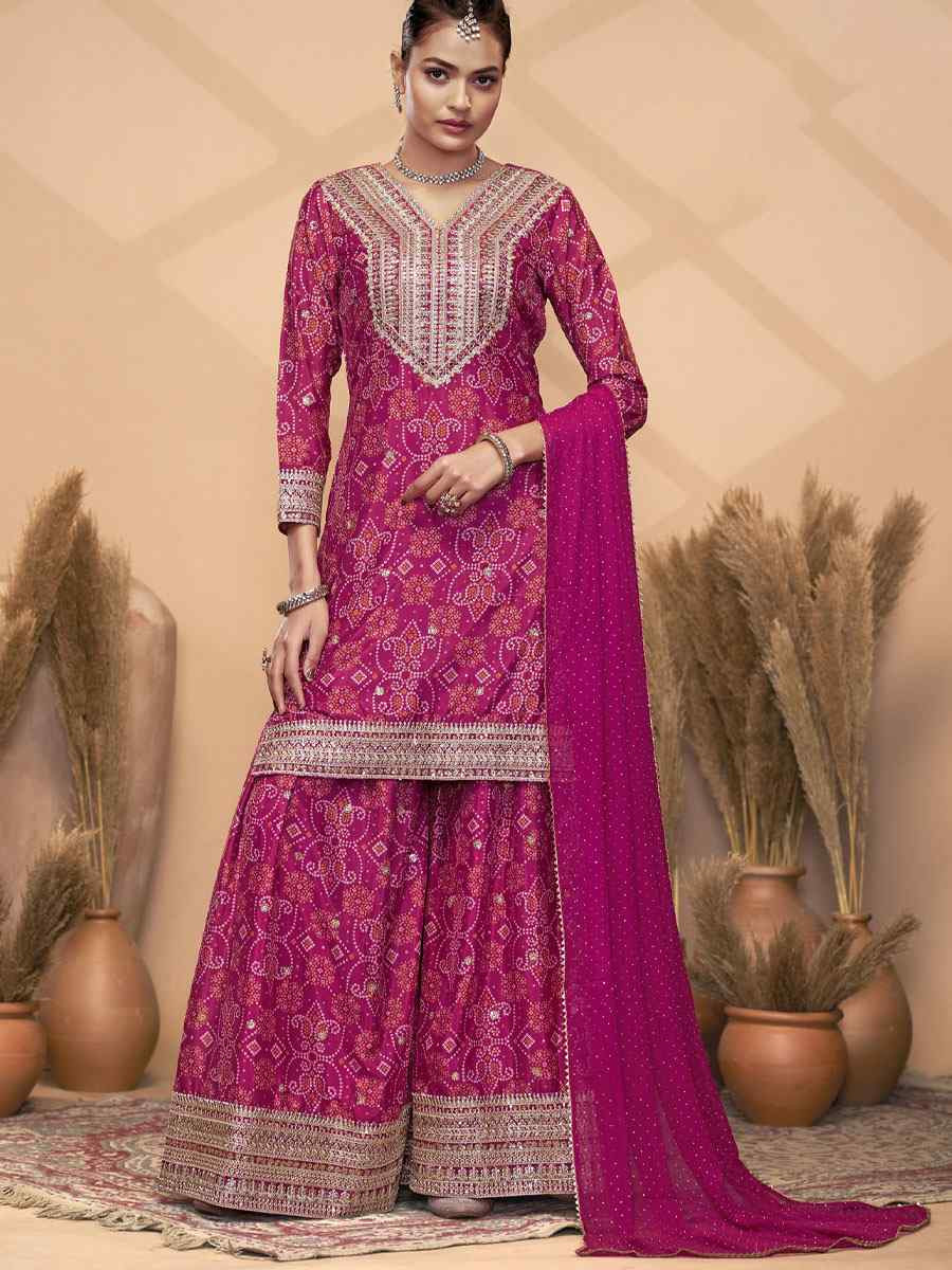 Pink Premium Finest Chinon Printed Embroidery Party Wedding Festival Casual Ready Palazzo Pant Salwar Kameez