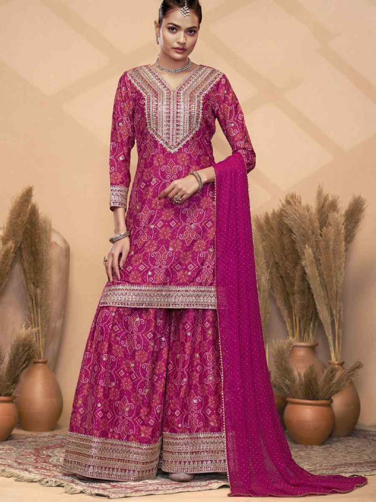 Image of Pink Premium &amp; Finest Chinon Printed Embroidery Party Wedding Festival Casual Ready Palazzo Pant Salwar Kameez