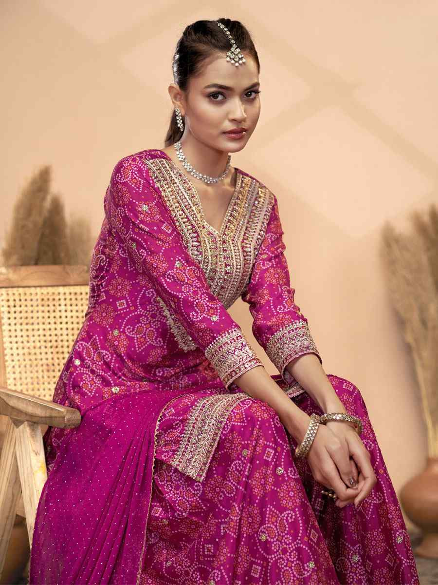 Pink Premium  Finest Chinon Printed Embroidery Party Wedding Festival Casual Ready Palazzo Pant Salwar Kameez