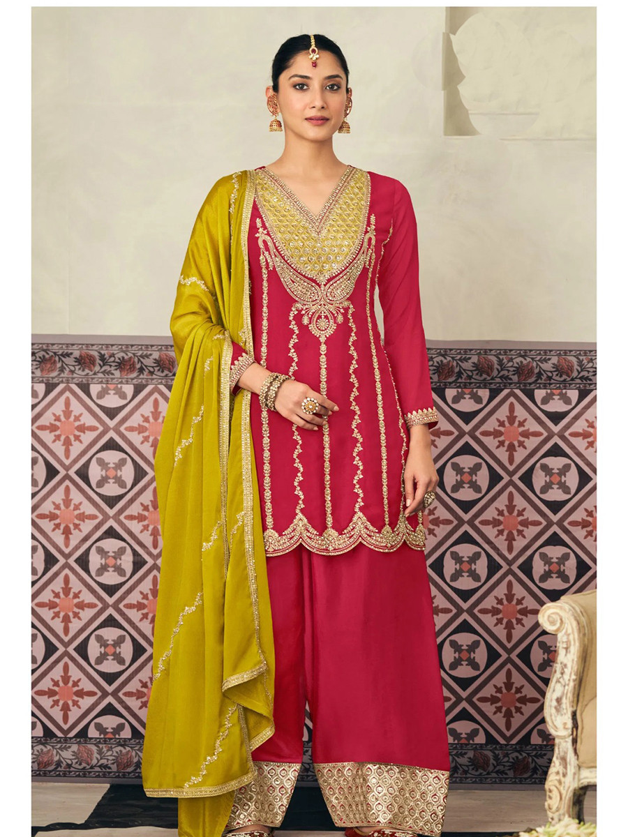 Pink Premium Blooming Chinon Embroidery Sequins Zari Wedding Party Festival Palazzo Pant Salwar Kameez
