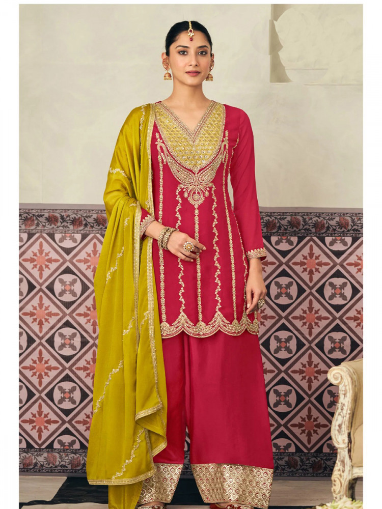 Image of Pink Premium Blooming Chinon Embroidery Sequins Zari Wedding Party Festival Palazzo Pant Salwar Kameez