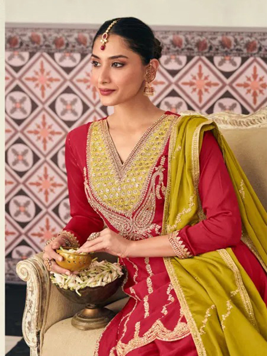 Pink Premium Blooming Chinon Embroidery Sequins Zari Wedding Party Festival Palazzo Pant Salwar Kameez