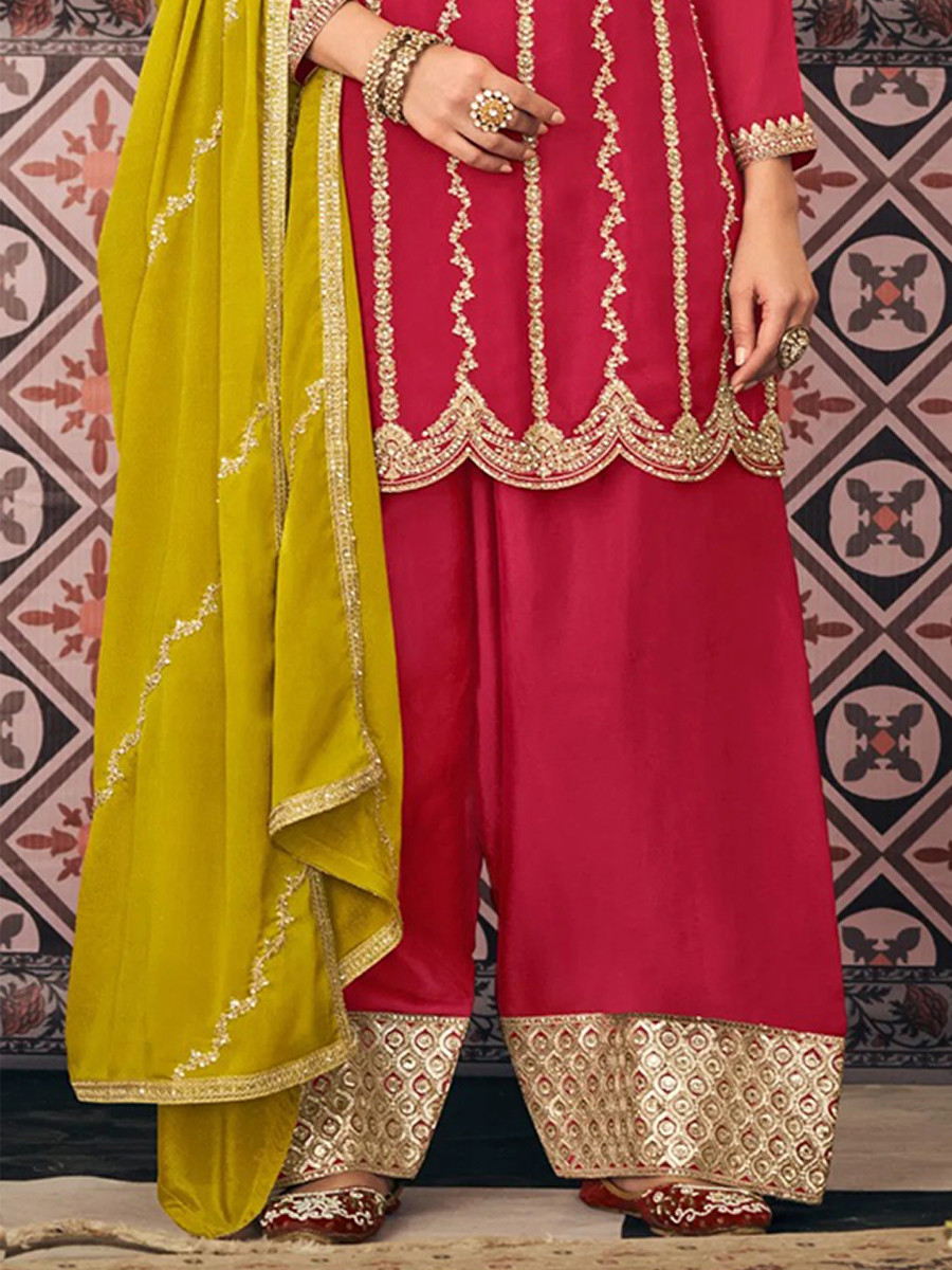 Pink Premium Blooming Chinon Embroidery Sequins Zari Wedding Party Festival Palazzo Pant Salwar Kameez