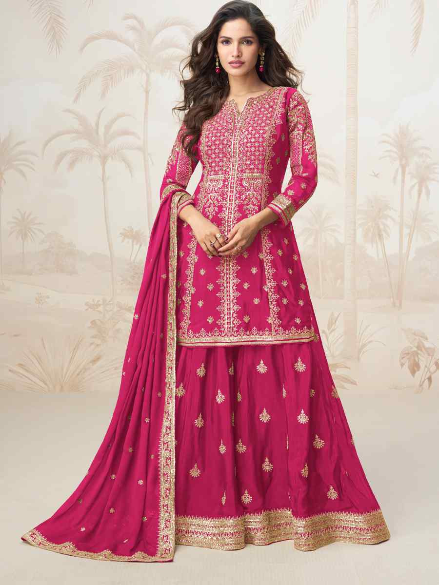 Pink Premium Chinon Silk Embroidered Festival Casual Ready Sharara Pant Salwar Kameez