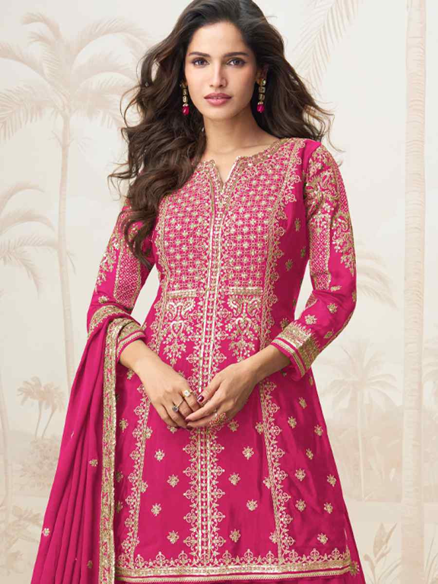 Pink Premium Chinon Silk Embroidered Festival Casual Ready Sharara Pant Salwar Kameez