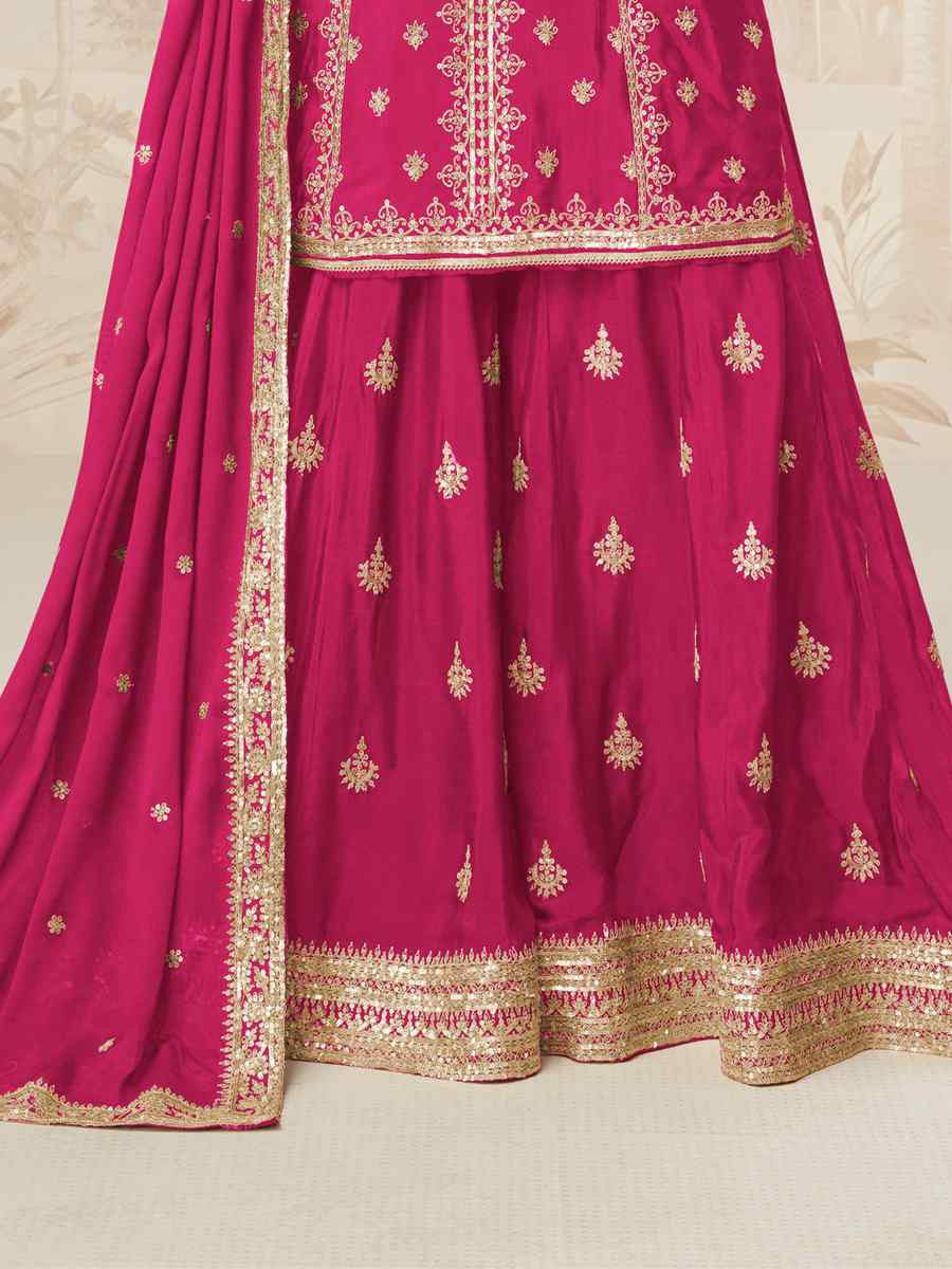 Pink Premium Chinon Silk Embroidered Festival Casual Ready Sharara Pant Salwar Kameez