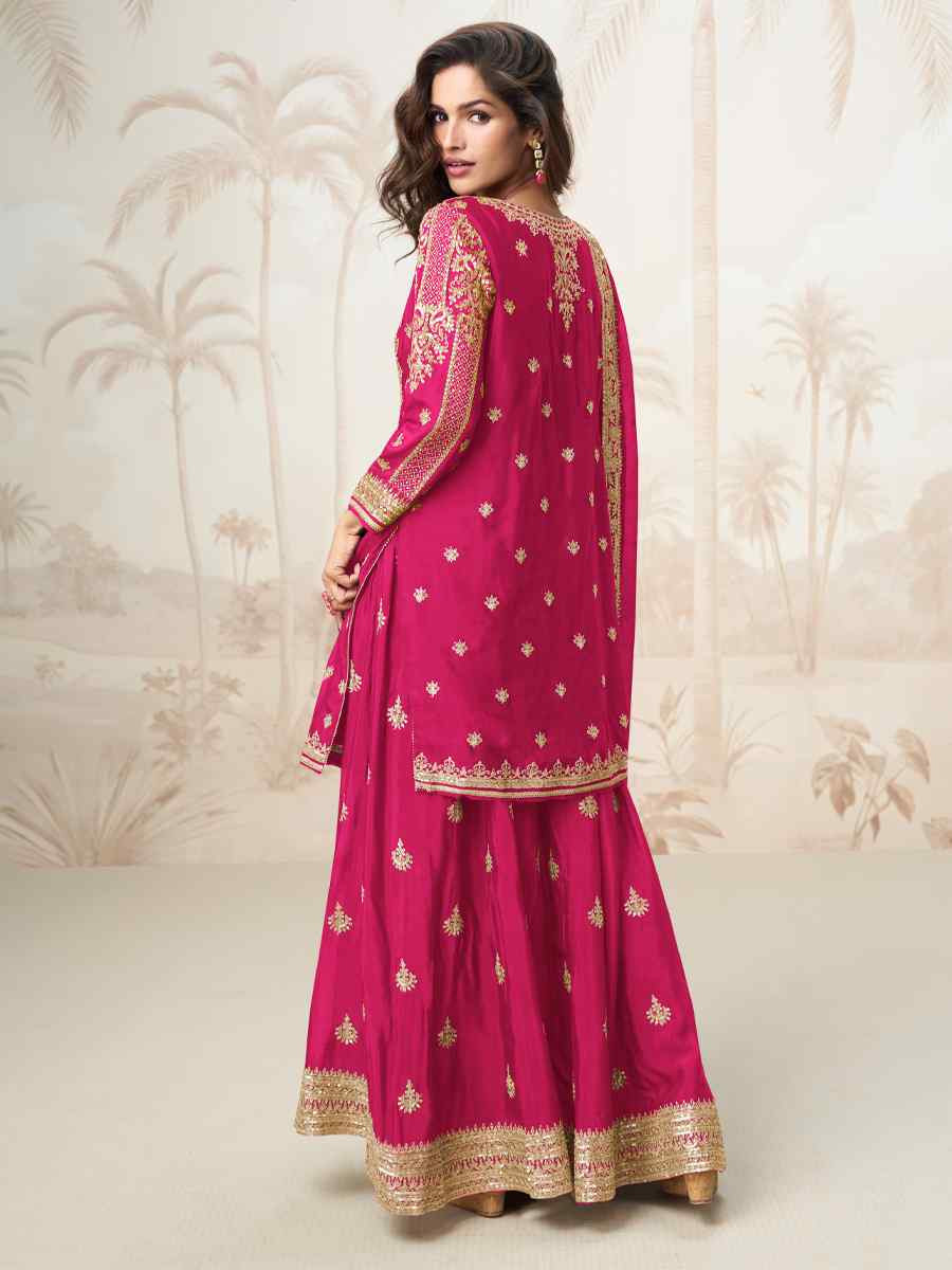 Pink Premium Chinon Silk Embroidered Festival Casual Ready Sharara Pant Salwar Kameez