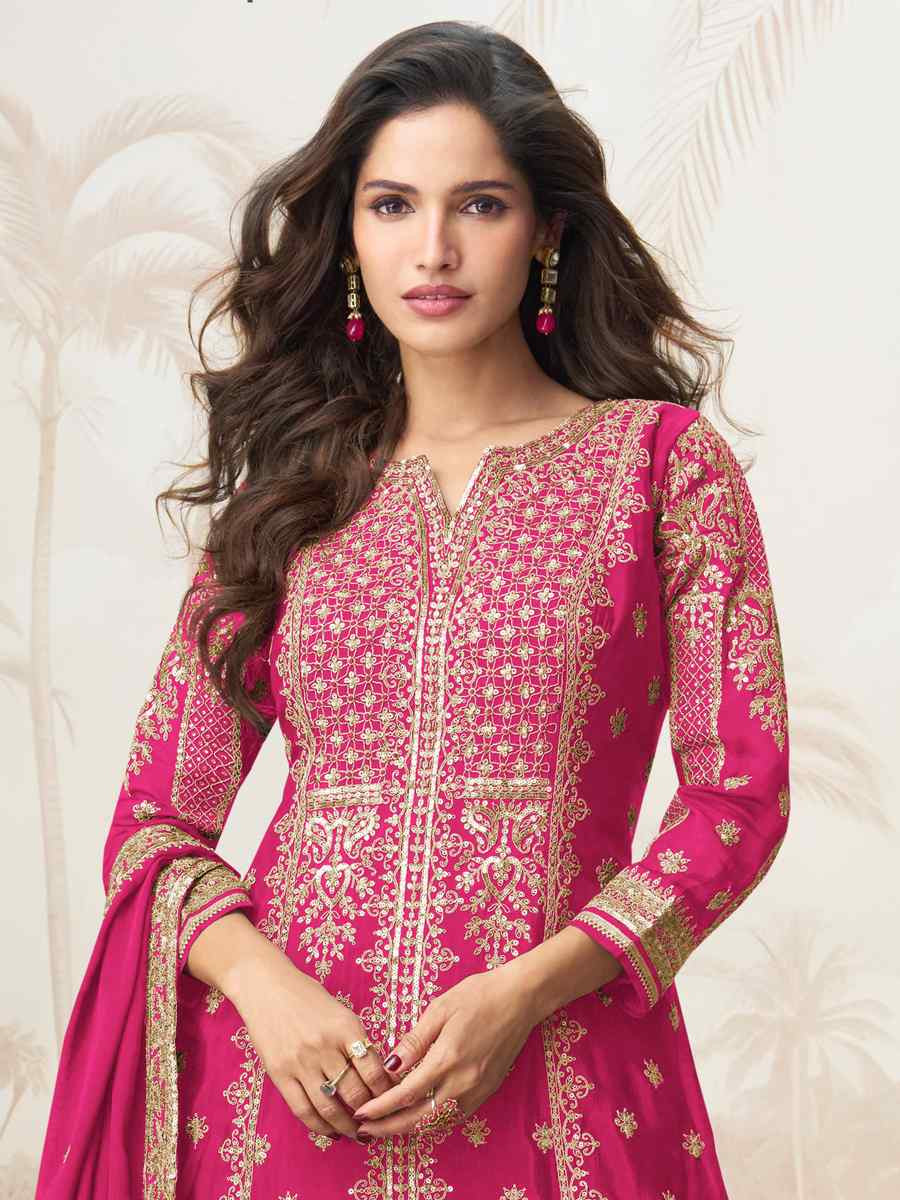 Pink Premium Chinon Silk Embroidered Festival Casual Ready Sharara Pant Salwar Kameez