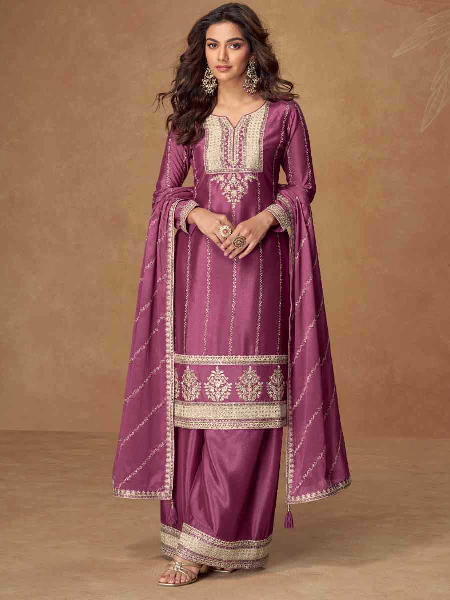 Pink Premium Chinon Silk Embroidered Festival Mehendi Ready Palazzo Salwar Kameez