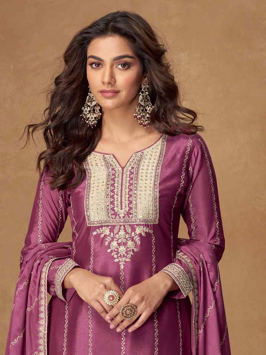 Pink Premium Chinon Silk Embroidered Festival Mehendi Ready Palazzo Salwar Kameez