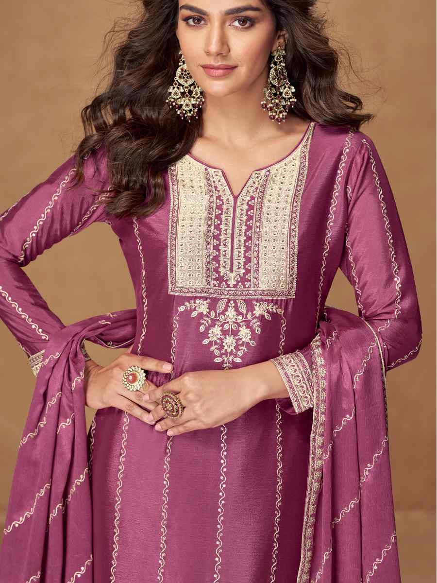 Pink Premium Chinon Silk Embroidered Festival Mehendi Ready Palazzo Salwar Kameez