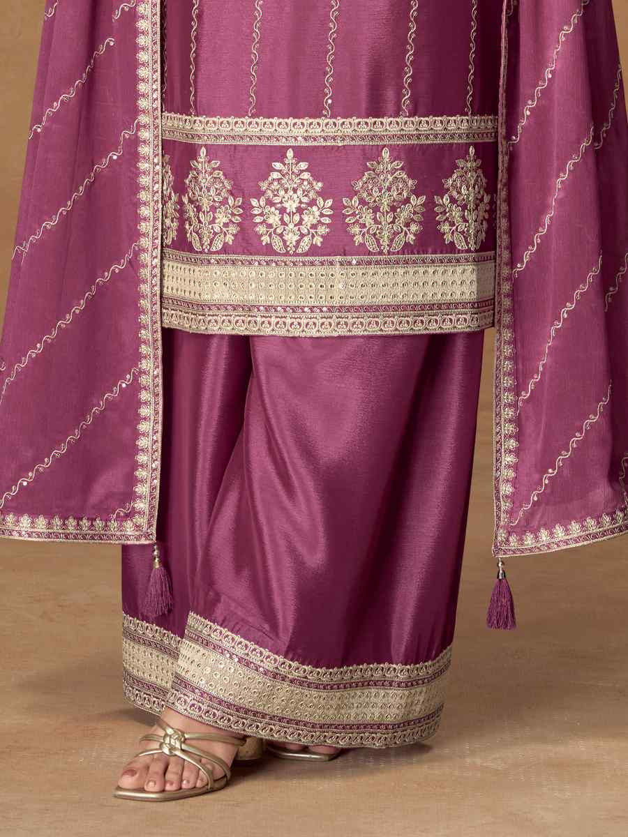 Pink Premium Chinon Silk Embroidered Festival Mehendi Ready Palazzo Salwar Kameez