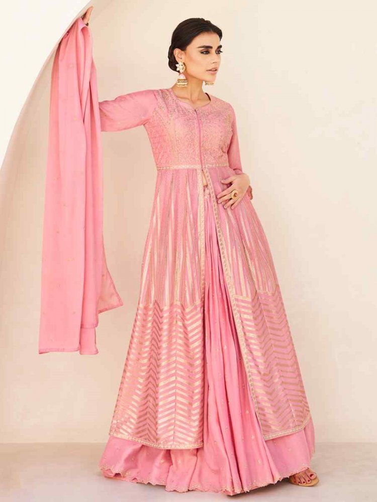Pink Premium Chinon Silk Embroidered Festival Wedding Kurti Lehenga Choli