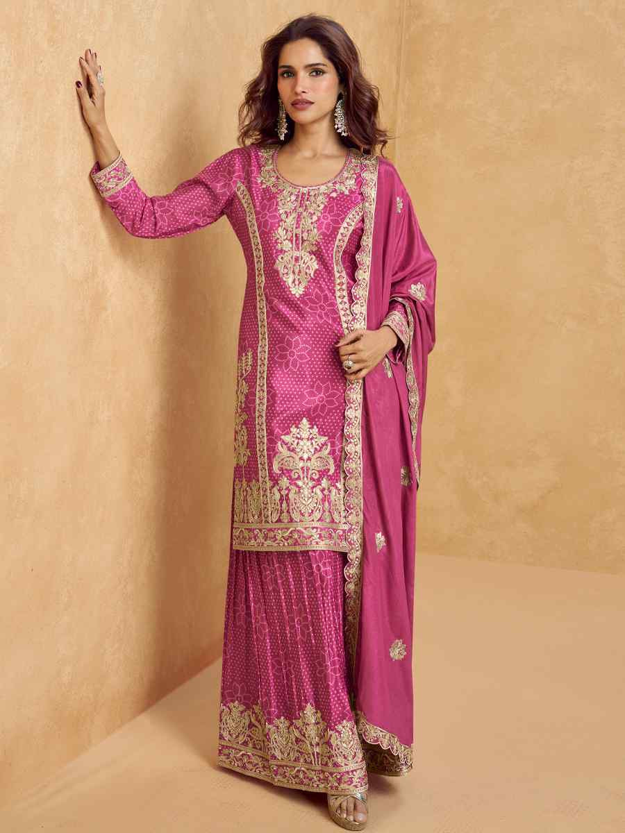Pink Premium Chinon Silk Embroidered Festival Wedding Ready Sharara Pant Salwar Kameez
