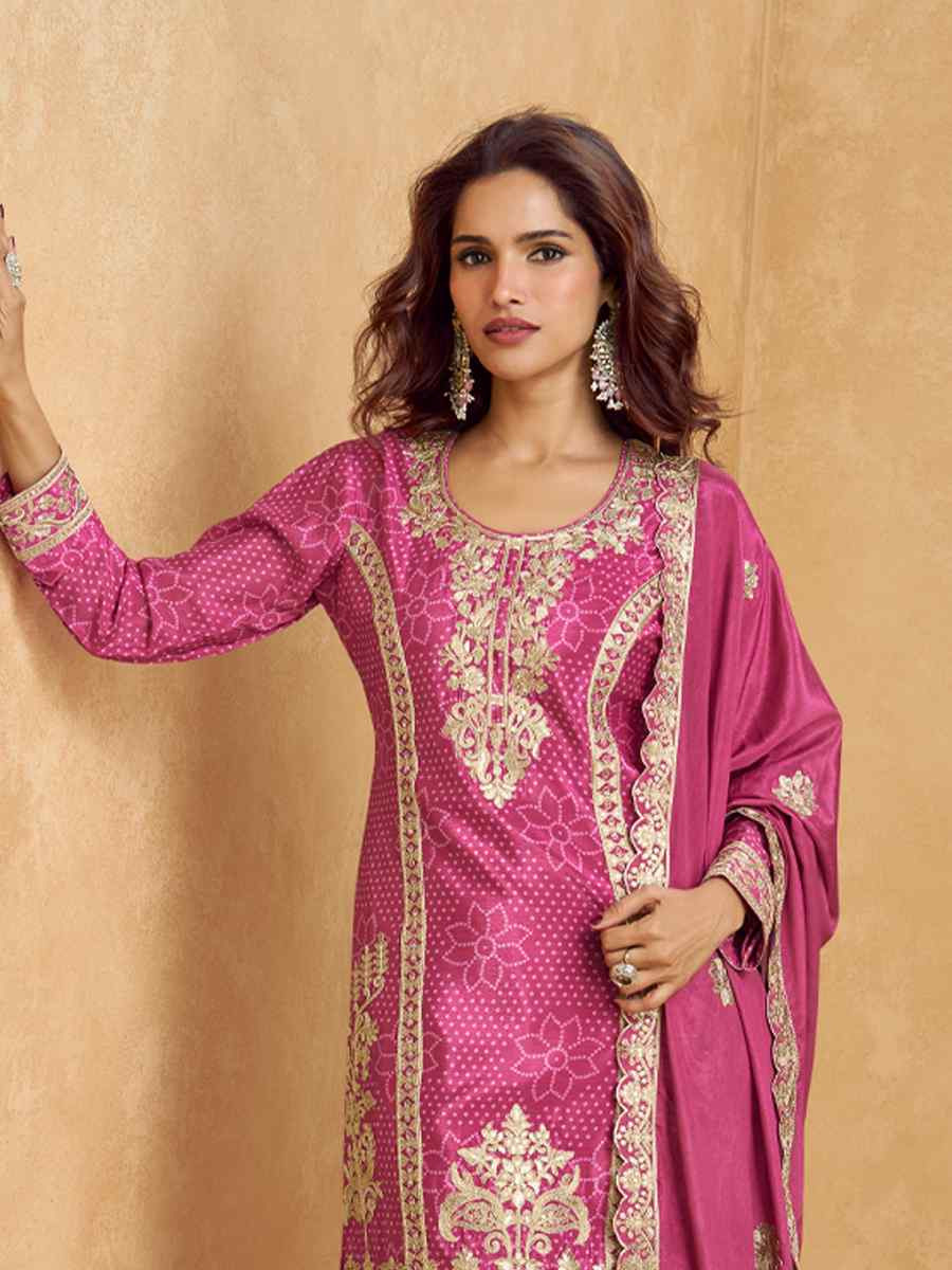 Pink Premium Chinon Silk Embroidered Festival Wedding Ready Sharara Pant Salwar Kameez