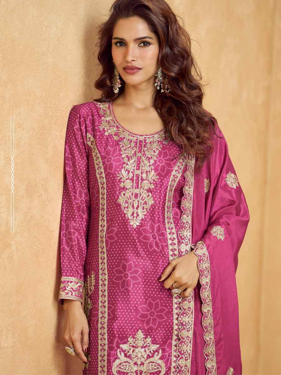 Pink Premium Chinon Silk Embroidered Festival Wedding Ready Sharara Pant Salwar Kameez