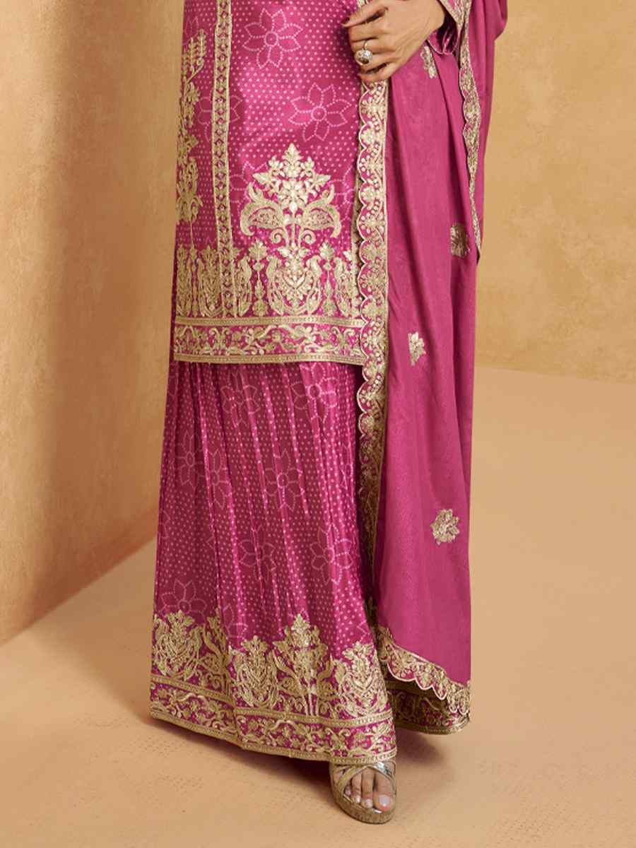 Pink Premium Chinon Silk Embroidered Festival Wedding Ready Sharara Pant Salwar Kameez