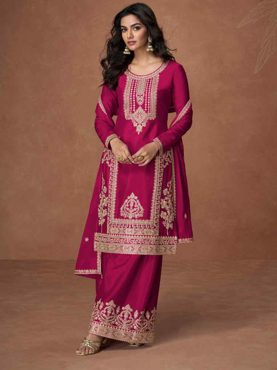 Pink Premium Chinon Silk Embroidery Party Wedding Festival Casual Ready Palazzo Pant Salwar Kameez