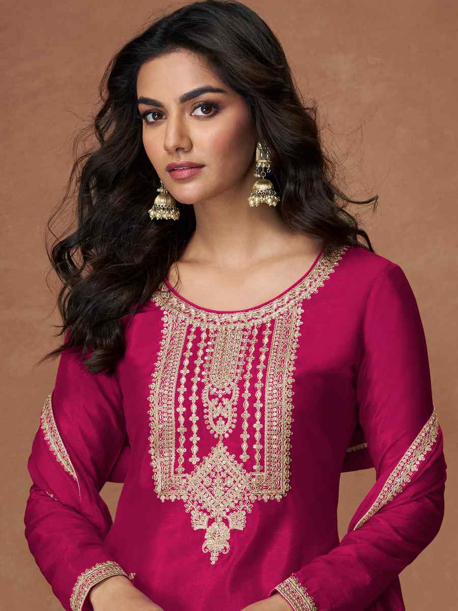 Pink Premium Chinon Silk Embroidery Party Wedding Festival Casual Ready Palazzo Pant Salwar Kameez