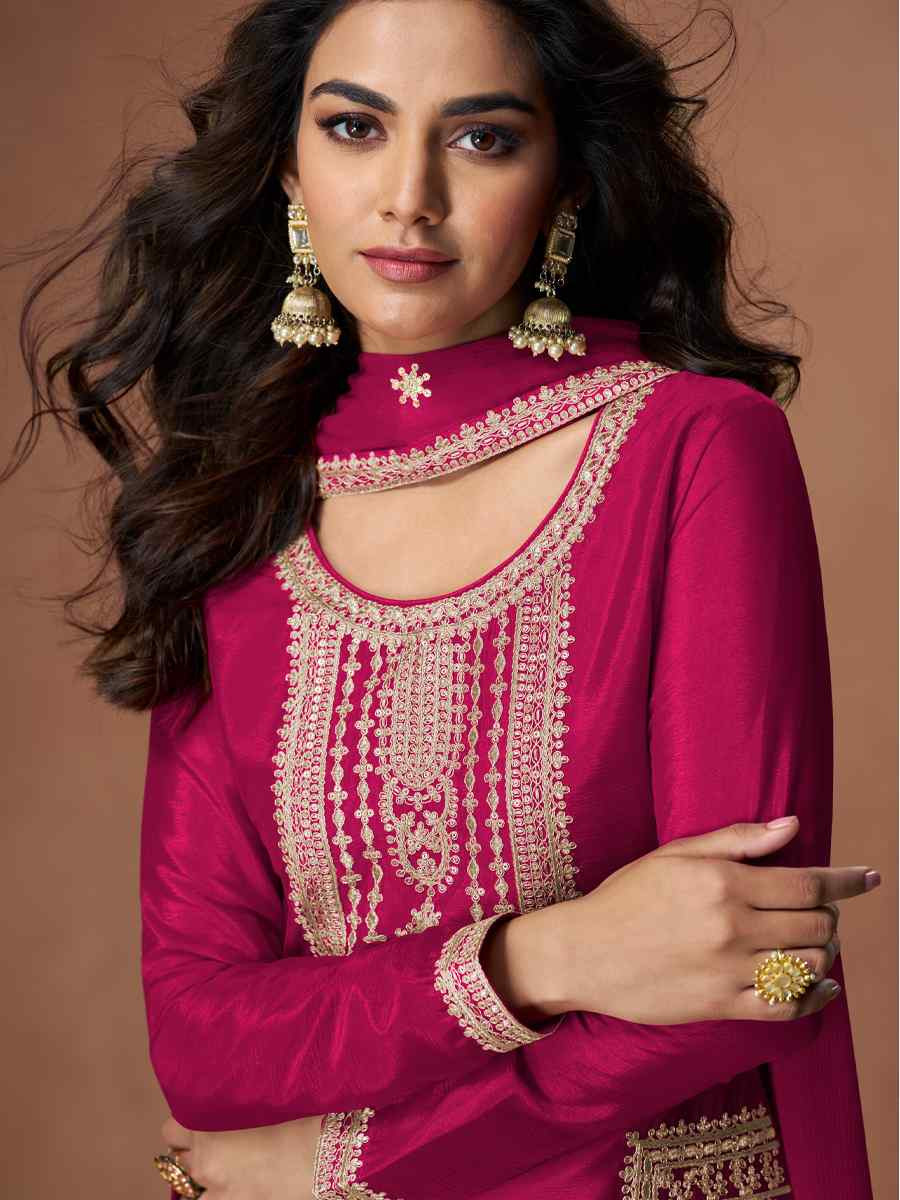 Pink Premium Chinon Silk Embroidery Party Wedding Festival Casual Ready Palazzo Pant Salwar Kameez